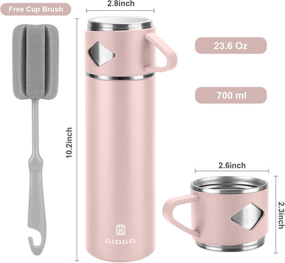 Stainless Steel Thermo 500ml/16.9oz Vacuum Insulated Bottle with Cup for Coffee Hot drink and Cold drink water flask.(Pink,Set)
