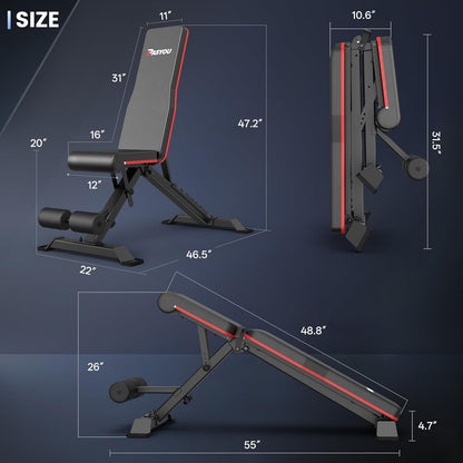 PASYOU Adjustable Weight Bench for Home Gym, Foldable Workout Benches with 660LBS, Exercise Bench for Incline Decline Flat Bench Press, Foldable Strength Bench for Daily Training