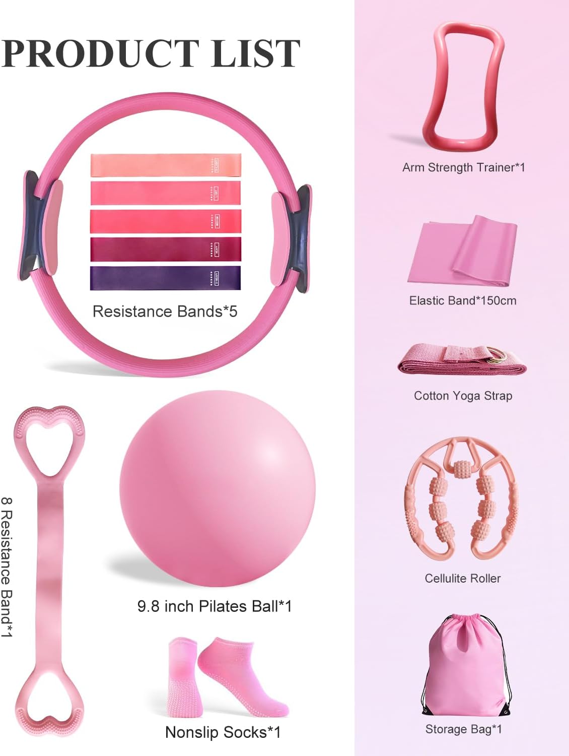 Home Workout Pilates Kit for Women, Better me Pilates Ring and Ball Set Essentials Equipment, with 5 Resistance Bands, Massager Roller, Yoga Starter Accessories for Toning Arms, Thighs & Core