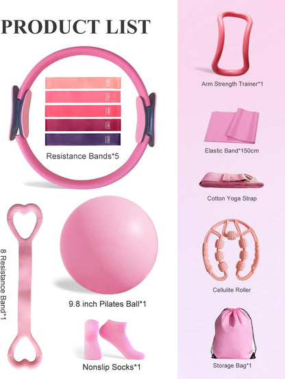 Home Workout Pilates Kit for Women, Better me Pilates Ring and Ball Set Essentials Equipment, with 5 Resistance Bands, Massager Roller, Yoga Starter Accessories for Toning Arms, Thighs & Core