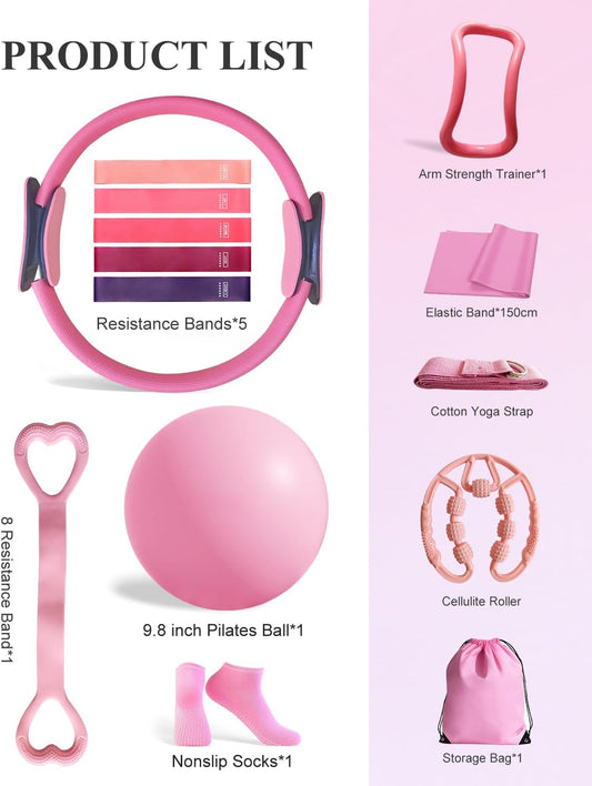 Home Workout Pilates Kit for Women, Better me Pilates Ring and Ball Set Essentials Equipment, with 5 Resistance Bands, Massager Roller, Yoga Starter Accessories for Toning Arms, Thighs & Core