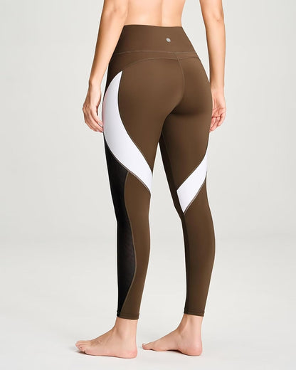 QUEENIEKE Women Yoga Pants Color Blocking Mesh Workout Running Leggings Tights