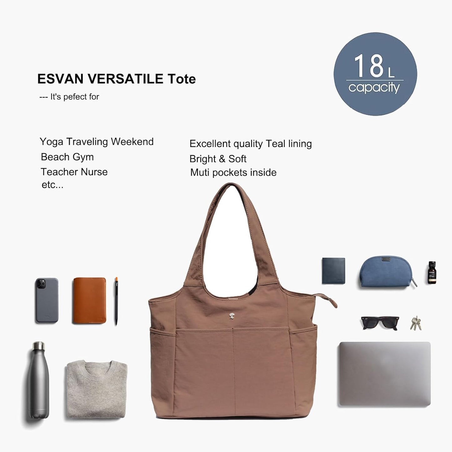 ESVAN Yoga Tote Bag Mat bag Women Shoulder Bags Carryall Tote for Travel Office Workout Gym Nurse Beach