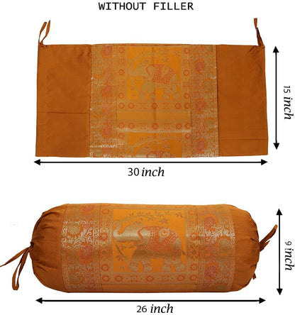 Ethnic Jacquard Brocade Silk Bolster Yoga Rectangular Pillowcase Cover Elephant Brown Tubular Massand Living Room Decorative Hotdog Indian Throw Pillowcase 76x38 cm - Set of 2 Pcs