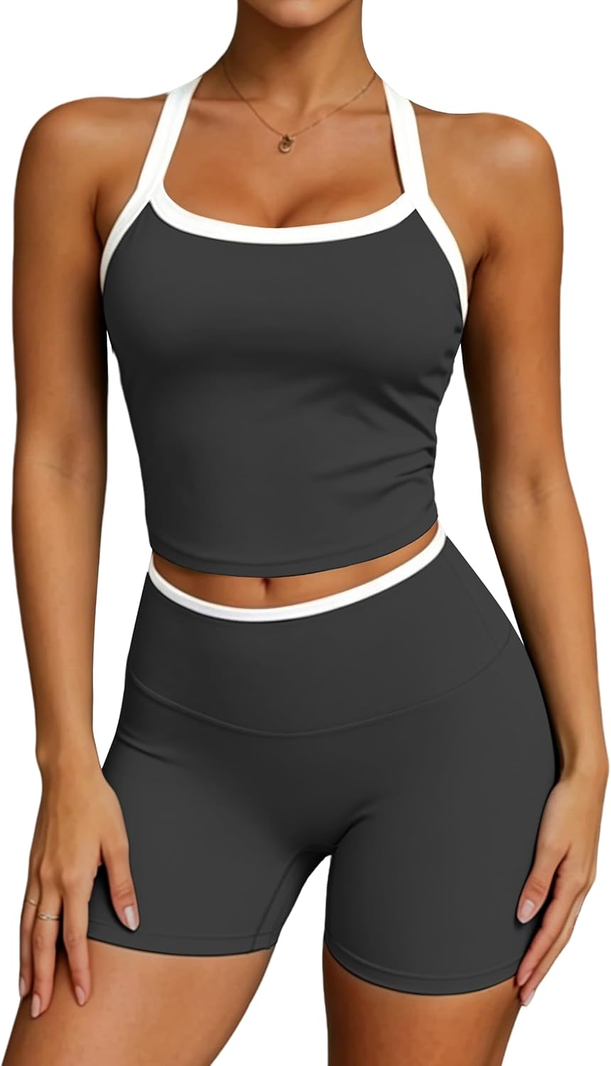 UOUA Womens Workout Set 2 Piece Gym Outfit High Waisted Tummy Control Shorts Halter Padded Sports Bra Tank Athletic Yoga Wear