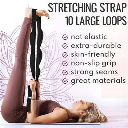 TECEUM Stretching Strap for Yoga & Physical Therapy – 10 Loops – Non-elastic Leg Stretch Straps for Stretching, Exercising, Pilates, Post-injury Rehabilitation for All Levels – Men & Women