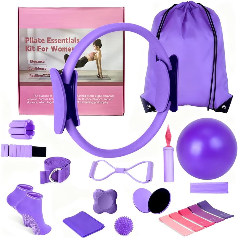 Pilates Equipment Set for Home Workouts –15in1 Home Pilates Kit with Ring and Ball Set, Resistance Bands, Pilates Yoga,Core Sliders & Ankle Weights, Pilates Essentials Kit