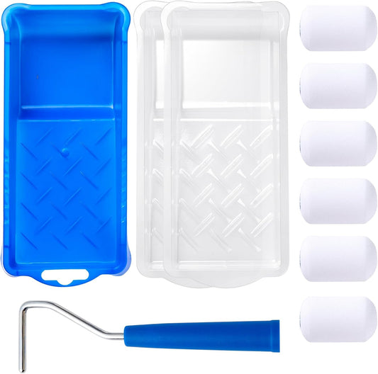 Mister Rui 4 Inch Foam Paint Roller Kit, 8 Pack - Mini Roller Set with 4” Small Roller Covers, Frame, Tray & Liner for Smooth Painting on Walls, Trim, Furniture, Home DIY Projects