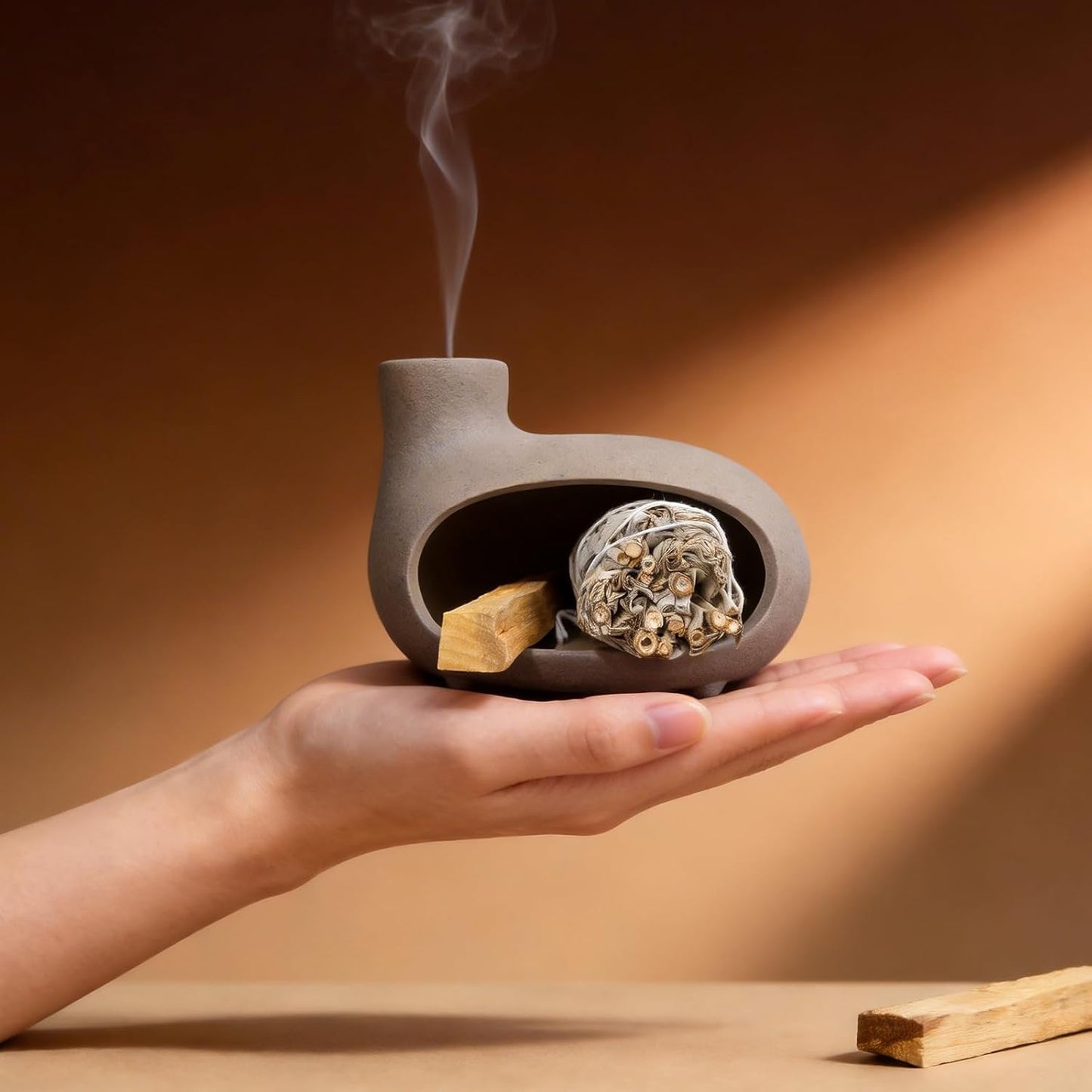 MOUGIGI Terracotta Palo Santo Holder - Modern Chiminea Incense Burner for Yoga, Meditation, and Energy Cleansing - Wood Sticks Dish, Sage Ash Catcher, Smudge Bowl, Cone Burner - Unique Meditation Gift
