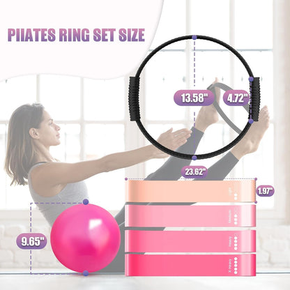Pilates Ring Set, Pilates Essentials Kit with Pilates Ring and Ball, 3 Resistance Bands, Portable Bag & Training Poster, at Home Pilates Starter Workouts Equipment Kit for Women