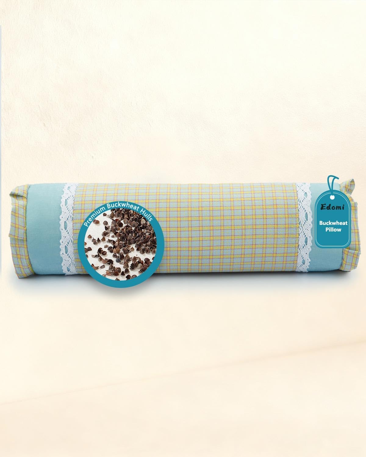Buckwheat Hull Neck Roll Pillow -15.7" x4.7” Adjustable Firmness Cervical Support for Sleep & Yoga, Cooling Floral Cotton Cover, Ergonomic Bolster Pillow, Blue