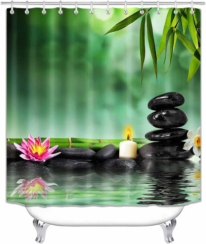 4PCS Spa Zen Shower Curtain Sets with Rugs, White Shower Curtain, Pink Floral Orchid Lotus Water Lily Stone Bamboo Water Reflection Yoga Massage Relaxing Spiritual Meditation Bathroom Decor