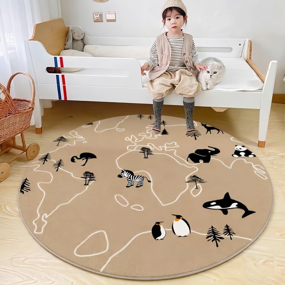 Poowe Cute Animals Kids Room Rug,39.4" Round Washable Area Rugs Rabbit Rug Nursery Rug for Baby Boys Girls Play Mat Floor Carpet Non Slip Soft Rugs for Living Room Bedroom Playroom Classroom