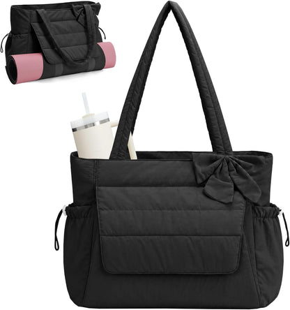 Wandering Nature Bow Tote Bag for Work Fits 40oz Tumbler, Yoga Bag with Wet Pocket & Yoga Mat Pocket, Commute, Gym, Travel