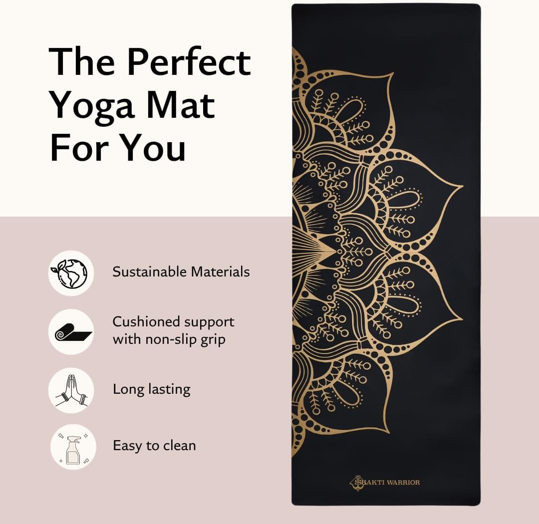Shakti Warrior Shanti PU Yoga mat - Artist Designed, Premium eco friendly mats, Non Slip, Non Toxic, Great for Regular & Hot Yoga, Pilates and Work out (72 inch x 28 inch x 5mm Thick)k out (72 inch x 28 inch x 5mm Thick)