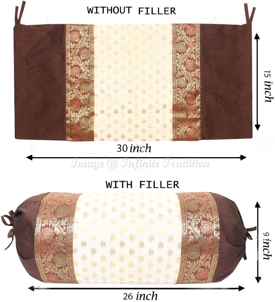 Indian Ethnic Living Room Decorative Bolster Tube Pillow Covers Cylindrical Dark Brown Yoga Couch Round Cushion Cover Brocade Silk Small Leaves Throw Pillow Case 76x38cm (30x15 inch) - 2 Pc.