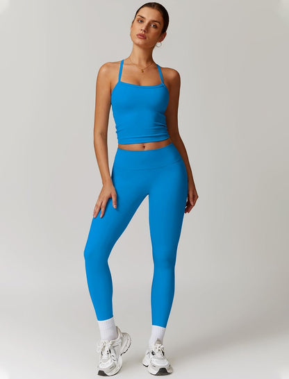 Women 2 Piece Workout Sets Padded Criss Cross Back Crop Tank High Waist Tummy Control Active Leggings Sets Yoga Outfit