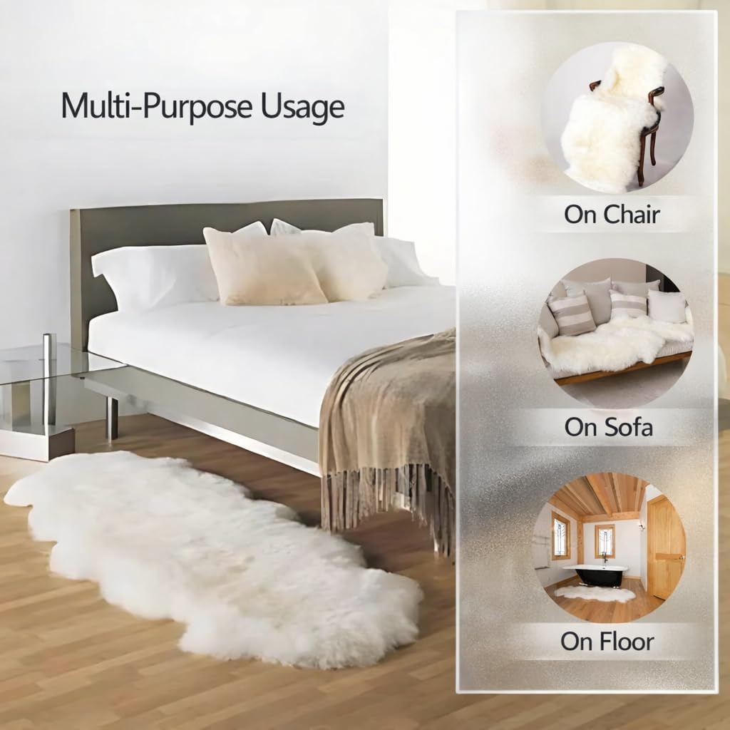 Sheepskin Runner,Genuine New Zealand Fluffy Natural Lambskin Real Sheep Skin Fur Throw Area Rug for Livingroom,Bedroom,Sofa and Chair, Yoga mat and Dog Mat(Double Pelt 2x6 ft, Ivory White)