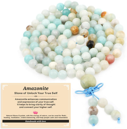 AD Beads 6mm 8mm 108 Prayer Mala Jasper Elastic Bracelet - Handmade Yoga Meditation Healing Power Energy Gifts for Unisex Adult.