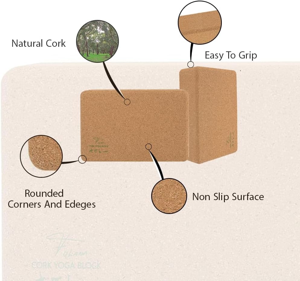 "FULANA Natural Cork Yoga Blocks (2-Pack) - High Density, Non-Slip Surface, Eco-Friendly (Women)(men) Yoga Accessories - 9x6x3 inches - Ideal Support for Yoga, Pilates, Stretching"