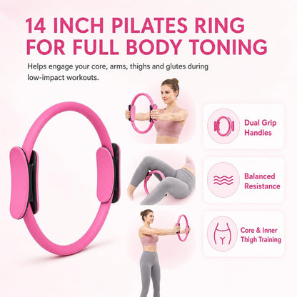Pilates Kit for Women, 13 Piece Home Workout Starter Set with 14 Inch Ring, Mini Ball, 5 Resistance Bands, Yoga Socks, Stretch Strap and Carry Bag for Core Strength, Toning, Flexibility
