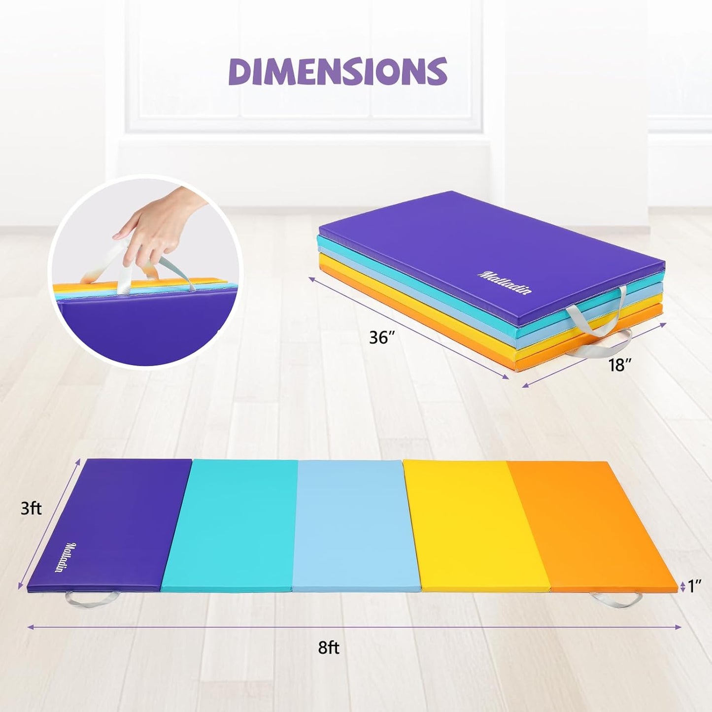 Matladin Folding Gymnastics Mat for Kids, 6'x3'x1"/8'x3'x1" PU Leather Gym Exercise Mats for Tumbling, Cheer, Yoga, Fitness, Pilates and Martial Art
