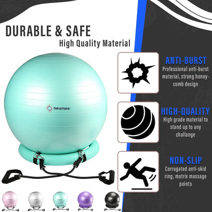 Yoga Ball Chair with 65cm Exercise Ball & 2 Resistance Bands, Stability Base for Home Office, Yoga, Pilates & Fitness, Balance Ball for Posture, Core Strength & Low Impact Workouts