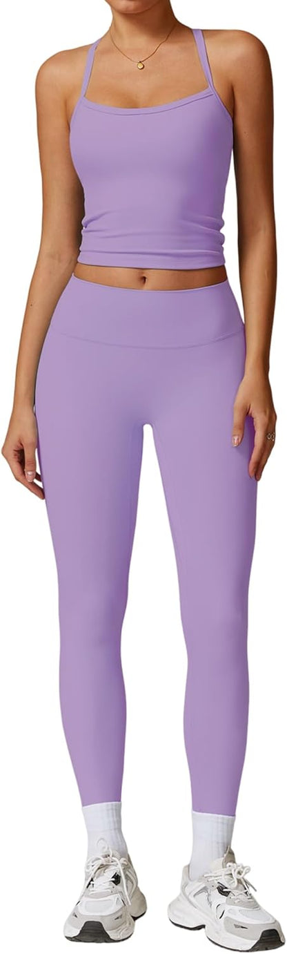QBGJTD Womens Workout Sets Two Piece Cross Back Tank Top Matching High Waist Leggings Sets Gym Outfits Work Out Clothes