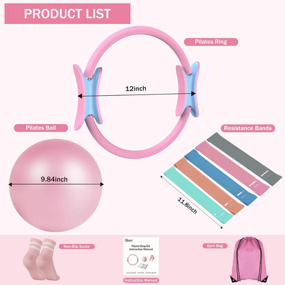 Home Pilates Essentials Kit for Women Pink Ring and Ball Pilates Set Equipment, Magic Circle with 5 Resistance Bands Premium Accessories Kits for Starter Toning Workouts at Home