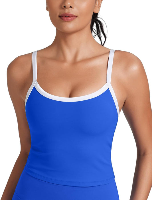 HeyNuts Vintage Color-Block Strappy Crop Tank Top for Womens, Cute Contrasting Trim Yoga Longline Sports Bras Padded A-D Cups