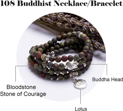 Bivei 108 Mala Beads Necklace Long Beaded Wrap Bracelets Genuine Gemstone Mala Prayer Beads Lotus Buddha Charm Yoga Meditation Necklace