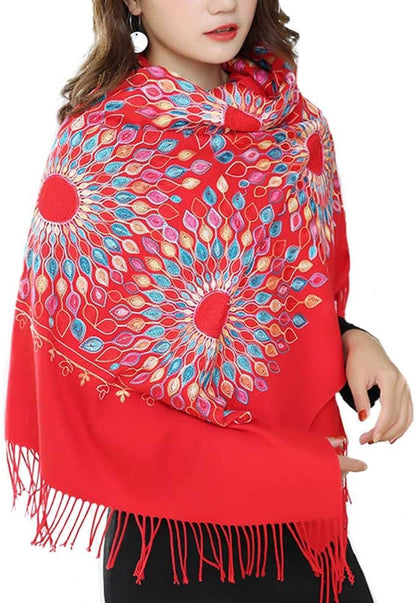 Urban CoCo Women's Embroidered Oversize Tassel Shawl Scarf Wraps for Women