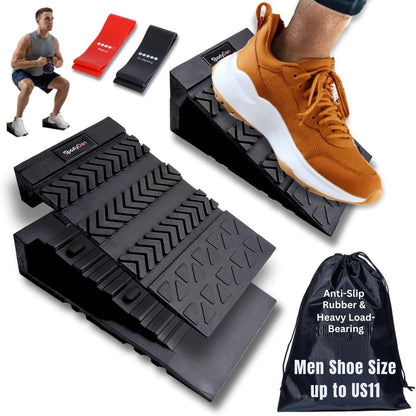 Squat Wedge Block - Non Slip Rubber - 3 Adjustable Angles - Men Shoe Size up to US11-4Pcs Set - Heel Elevated Squat - Calf Raises Ramp - Weight Lift & Stretch - 2 Bands & a Carry on Bag