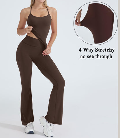 OMKAGI 2 Piece Workout Sets for Women Padded Tank Tops Flare Leggings Pilates Outfits