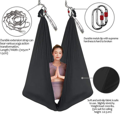 Aerial Yoga Hammock L:5M W:2.8M 5.5 Yards Aerial Pilates Silk Yoga Swing Set with 2000 Ibs Load Include Daisy Chain, Pose Guide