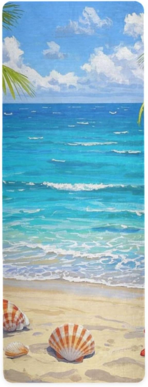 Beach Scenery Starfish Shells Coconut Trees yogamat for fitness printed, natural rubber non slip, with bag for carrying tapete para ejercicio 71x26 inches 1MM