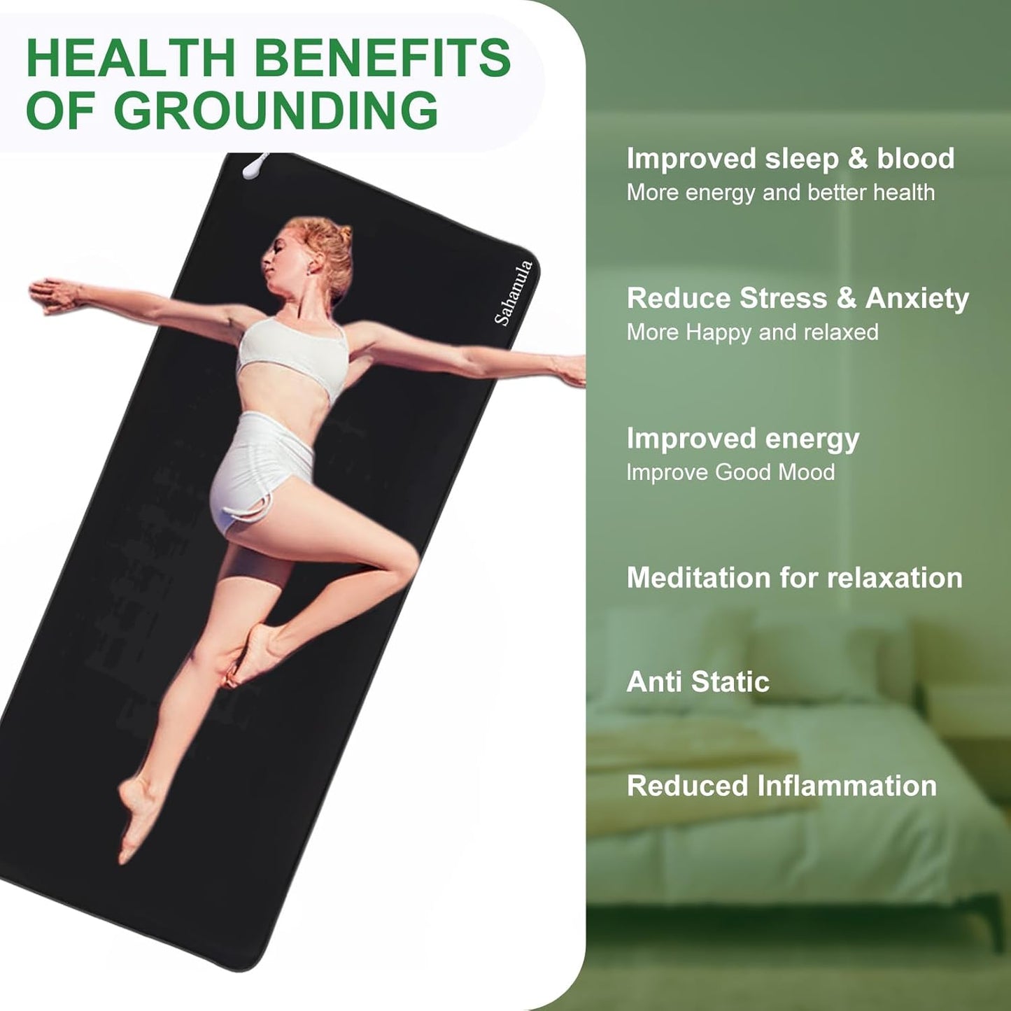 Grounding Yoga Mat - Exercise Fitness Pad, 71x24 Inch Upgraded Non-Slip Grounding Pad with 15ft Cord, Earth Connected Mats for Yoga Sleep Work Meditation Anxiety Reduction