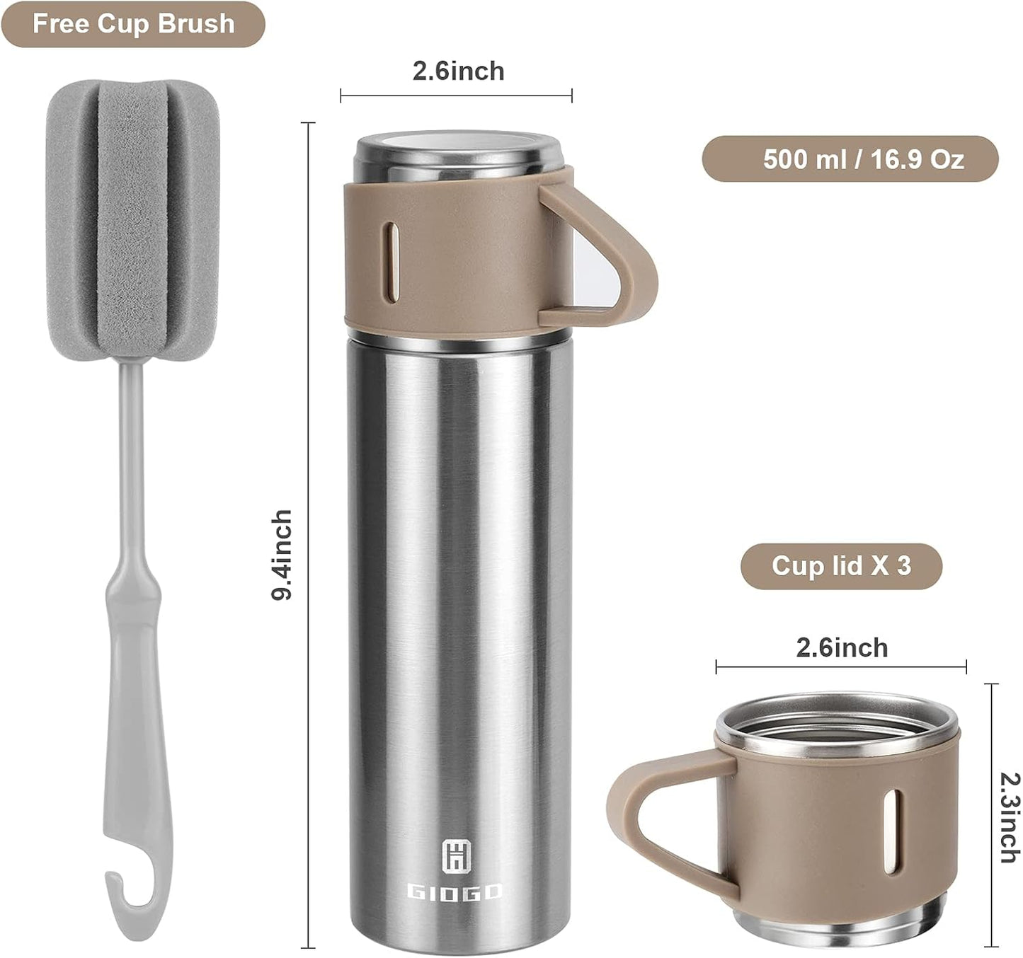 Stainless Steel Thermo 500ml/16.9oz Vacuum Insulated Bottle with Cup for Coffee Hot drink and Cold drink water flask.(Pink,Set)