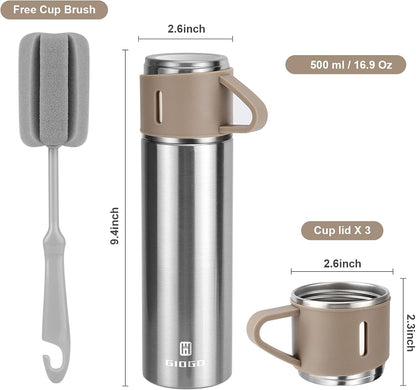 Stainless Steel Thermo 500ml/16.9oz Vacuum Insulated Bottle with Cup for Coffee Hot drink and Cold drink water flask.(Pink,Set)