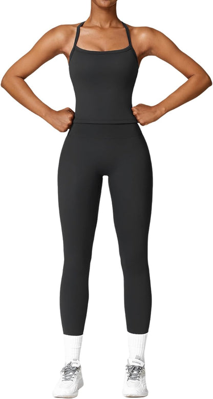 Women 2 Piece Workout Sets Padded Criss Cross Back Crop Tank High Waist Tummy Control Active Leggings Sets Yoga Outfit