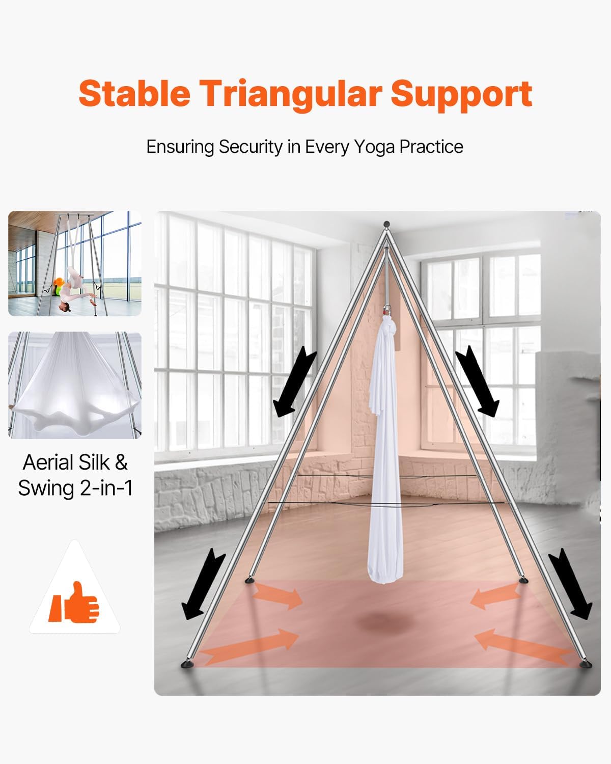 VEVOR Yoga Stand Frame, Max 441-551 lbs Load Swing Stand, Triangular Structure Aerial Rig, Aerial Silk Stands with Yoga Hammock, Standard & Height-Adjustable Version