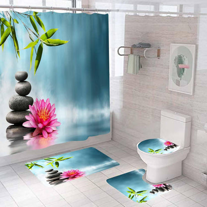 4PCS Spa Zen Shower Curtain Sets with Rugs, White Shower Curtain, Pink Floral Orchid Lotus Water Lily Stone Bamboo Water Reflection Yoga Massage Relaxing Spiritual Meditation Bathroom Decor