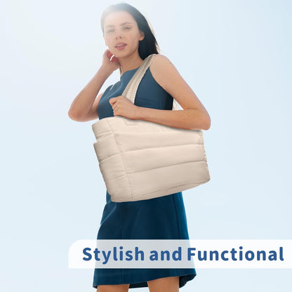 TOPDesign Puffer Tote Bag for Women, Lightweight Puffy Handbag with Compartments, Quilted Shoulder Bag for Work, Travel, Gym - Colors B