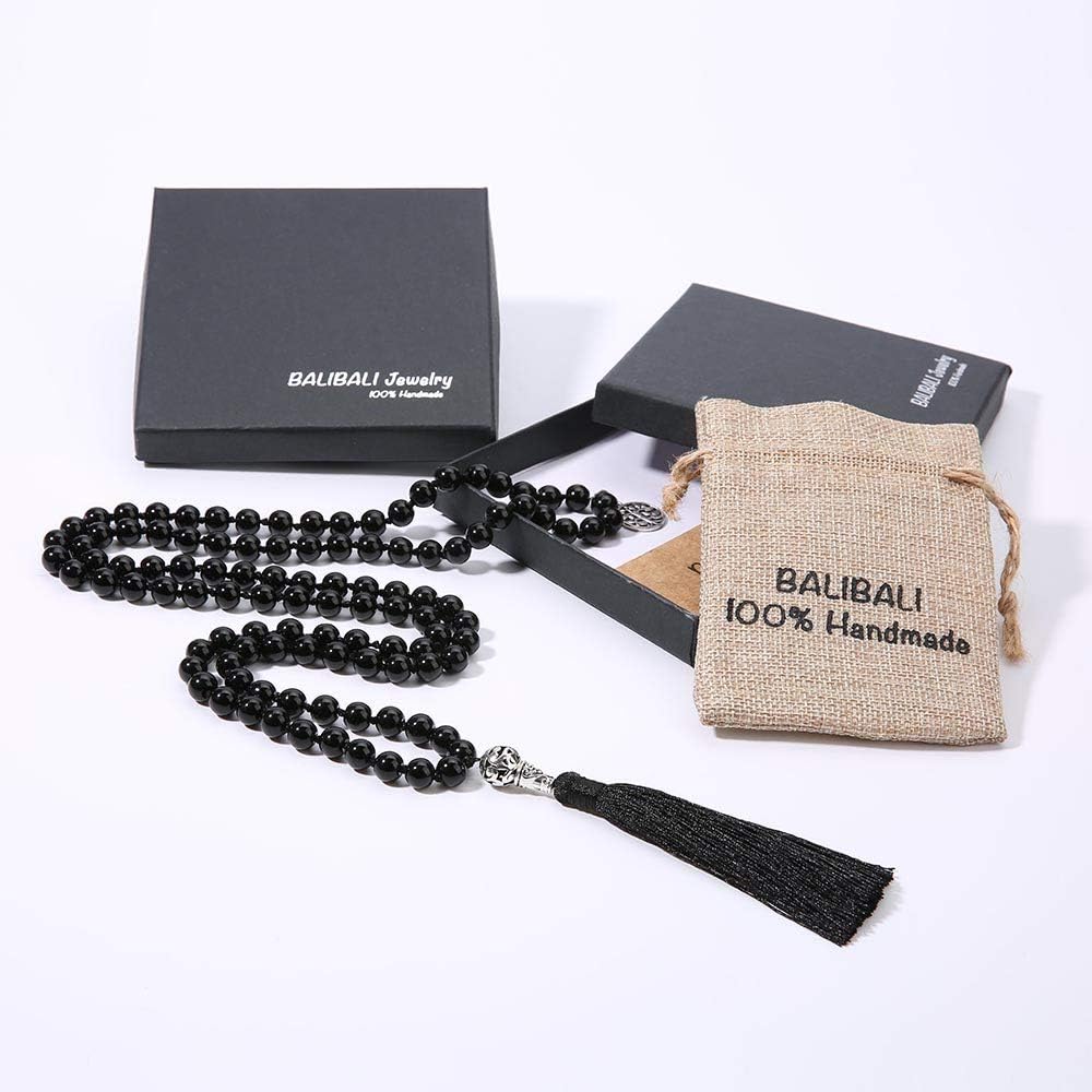 108 Mala Beads Necklace Semi-Precious Gem Stones Meditation Necklace 108 Hand Knotted Japa Mala Beaded Tassel Necklace with Tree of Life Pendant