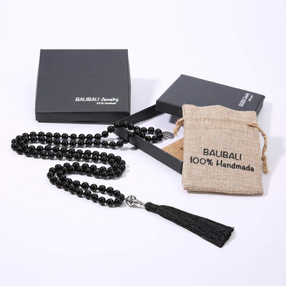 108 Mala Beads Necklace Semi-Precious Gem Stones Meditation Necklace 108 Hand Knotted Japa Mala Beaded Tassel Necklace with Tree of Life Pendant