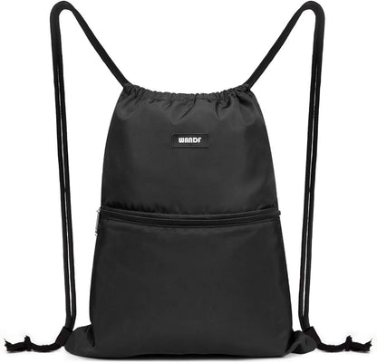 WANDF Drawstring Backpack String Bag Sackpack Cinch Water Resistant Nylon for Gym Shopping Sport Yoga (Black)