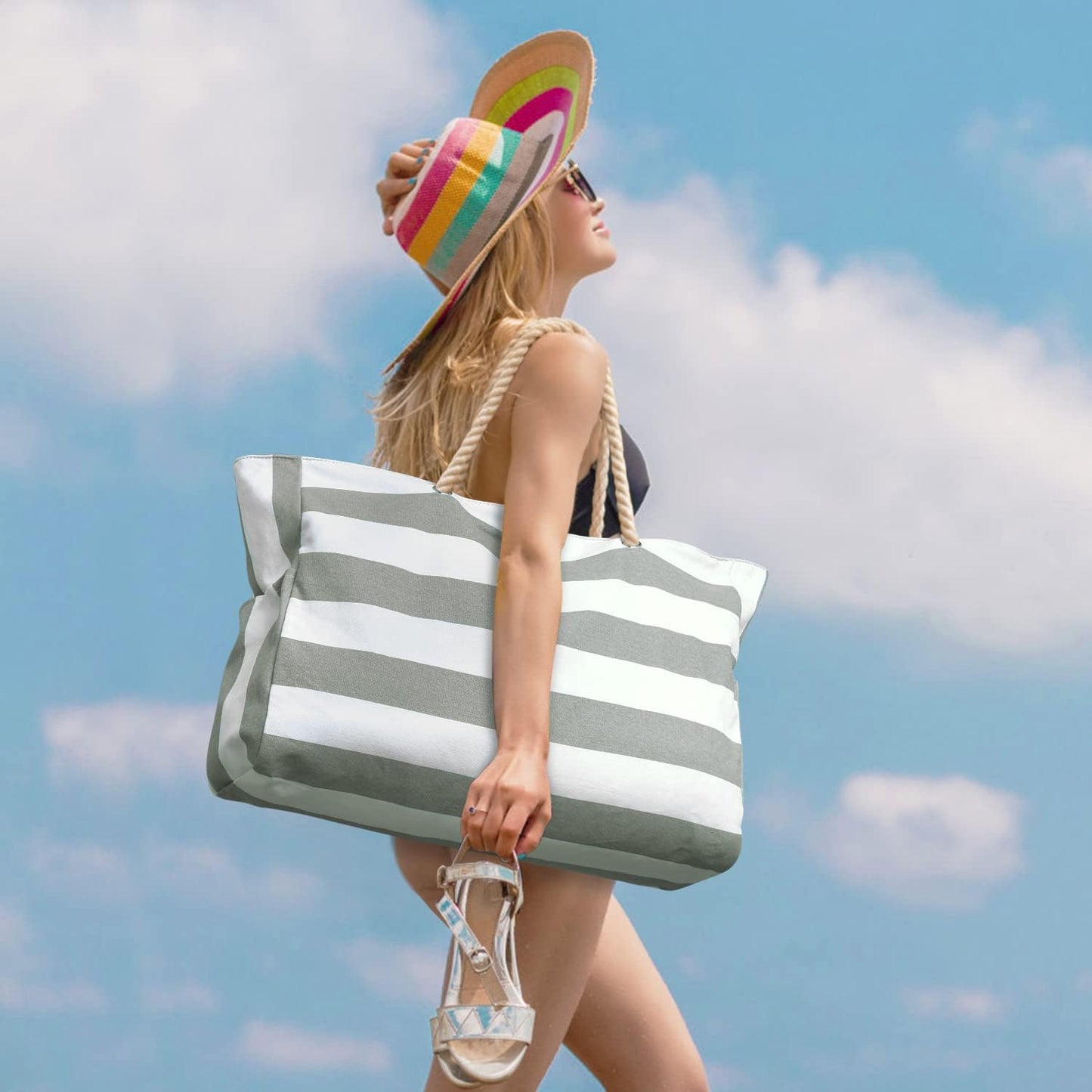 Becokan Beach Bags for Women Large Waterproof Beach Tote Bag Zipper Beach Bags Waterproof Sandproof Swim Pool Bag Large Tote