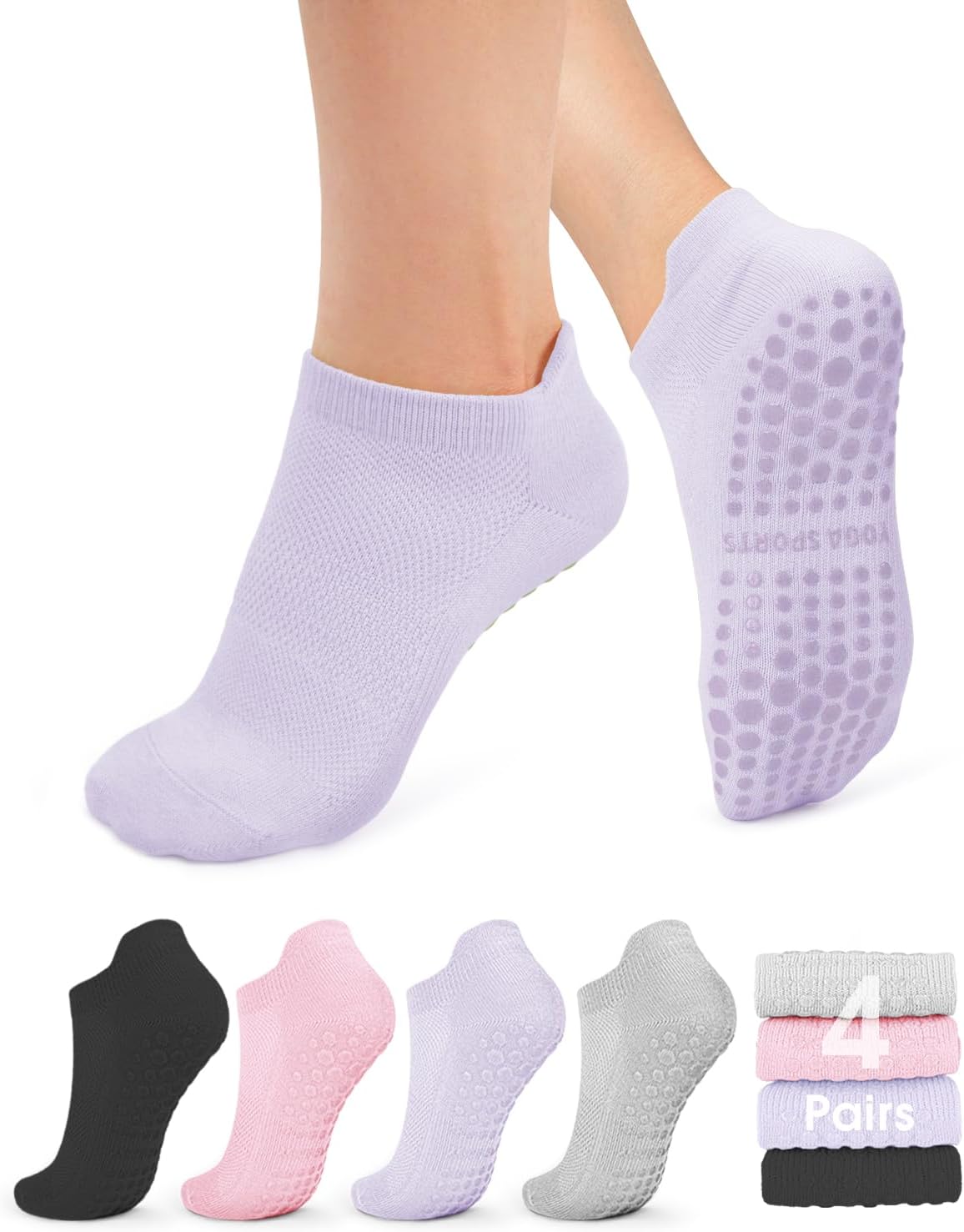yeuG Pilates Socks for Women Non Slip Grip Socks for Yoga, Barre, Hospital, Barefoot Grippy Yoga Sock Womens Gifts 4 Pairs