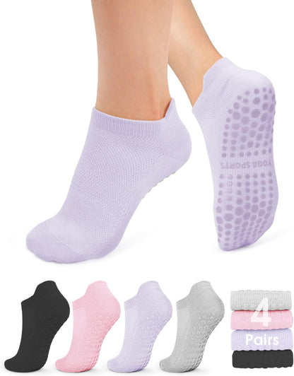 yeuG Pilates Socks for Women Non Slip Grip Socks for Yoga, Barre, Hospital, Barefoot Grippy Yoga Sock Womens Gifts 4 Pairs