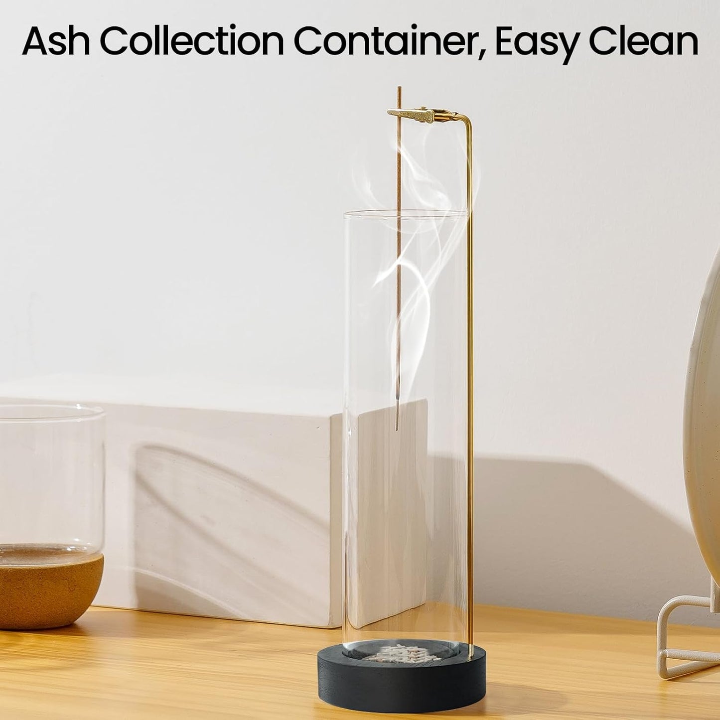Incense Holder for Sticks, Anti-Ash Flying Incense Burner with 30 Incense Sticks, Detachable Glass Ash Catcher (Wood, Brown)